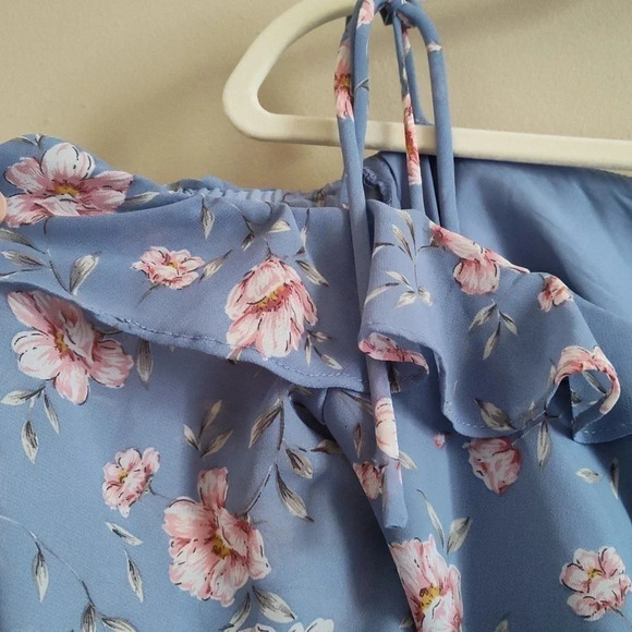 Floret Studio Floral Ruffle Mini Dress XS Blue Long Sleeve Cottagecore - Picture 3 of 10